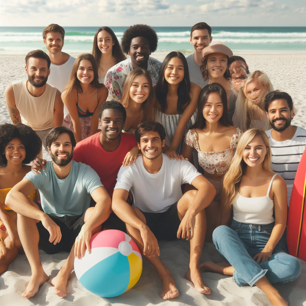 A group photo of the team members at a Florida beach, smiling and enjoying the beach environment. Include diverse people, with some holding beach accessories like surfboards or beach balls, and the beach scenery in the background.