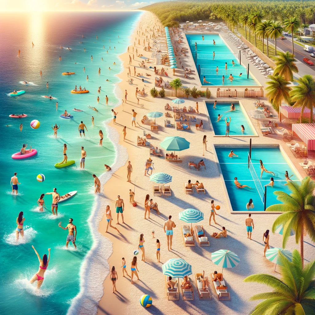 A scenic photo of a diverse Florida beach with people engaging in various activities such as sunbathing, playing volleyball, and snorkeling. Include a vibrant beach environment with clear blue waters, white sands, and palm trees in the background.