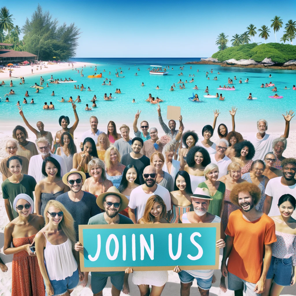 A photo of a diverse group of people at a beach, with some holding up signs saying 'Join Us' and others taking part in beach activities, symbolizing the community spirit. The beach scenery includes clear blue waters, white sands, and palm trees in the background.