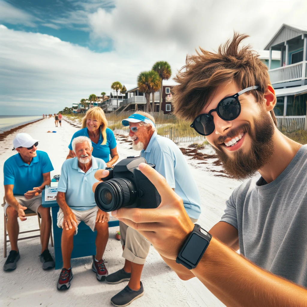 A photo of the team engaging with the local community at a Florida beach, talking to locals, and capturing the beach environment. Include people interacting, taking photos, and enjoying the beach scenery in the background.