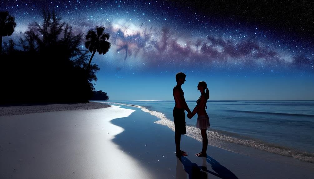 the four word phrase is peaceful nighttime beach scene